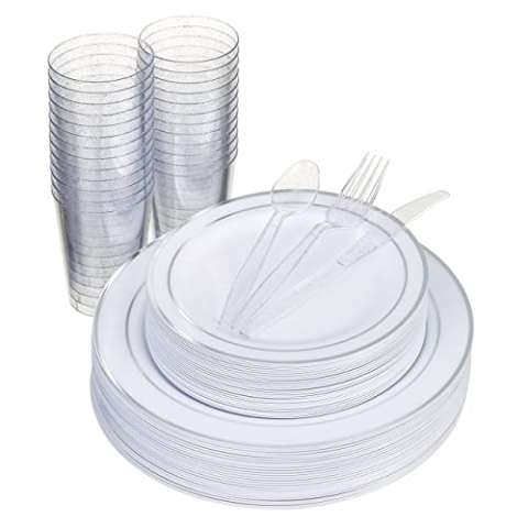 MATANA 150 Stück Mehrweg Partygeschirr Set in Weiß & Silber - Wiederverwendbar - 25 Plastikteller 25 Dessertteller 25 Löffel 25 Gabeln 25 Messer 25 Partybecher - Hochzeiten, Geburtstage, Partys