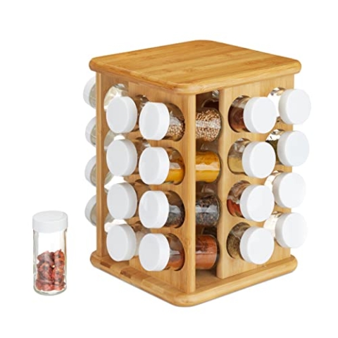 Relaxdays XXL Gewürzkarussell, drehbar, 32 Gewürzgläser, aromadichte Aufbewahrung, Gewürze Organizer, Bambus, natur, 28 x 25 x 25 cm