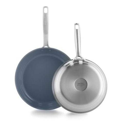 GreenPan Treviso Edelstahl Gesunde Antihaftbeschichtung aus Keramik Non-Stick 24cm und 28cm Bratpfannenset, PFAS-frei, Induktion, Backofen geeignet, Spülmaschinenfest, Silber, Muttertagsgeschenk