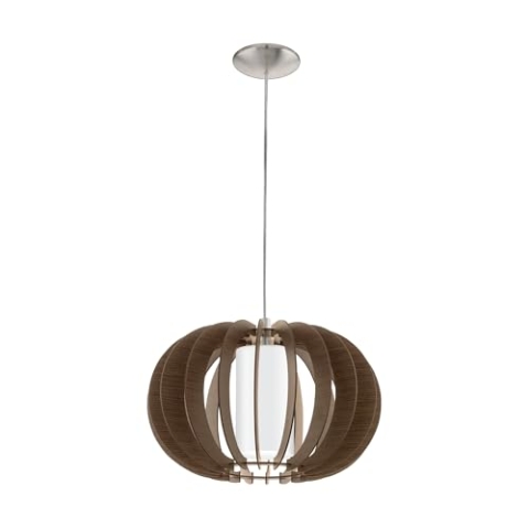EGLO Pendelleuchte Stellato 3, 1 flammige Hängelampe Vintage, Hängeleuchte aus Stahl, Holz und Glas in Nickel-Matt, Braun, Weiß, Esstischlampe, Wohnzimmerlampe hängend mit E27 Fassung, Ø 40 cm