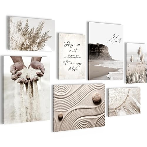 Novart Wandbilder Strand Boho - KOMPLETT AUFHÄNGFERTIG - Beige Wohnzimmer Schlafzimmer - 7 Moderne Mood-Bilder - N028171a