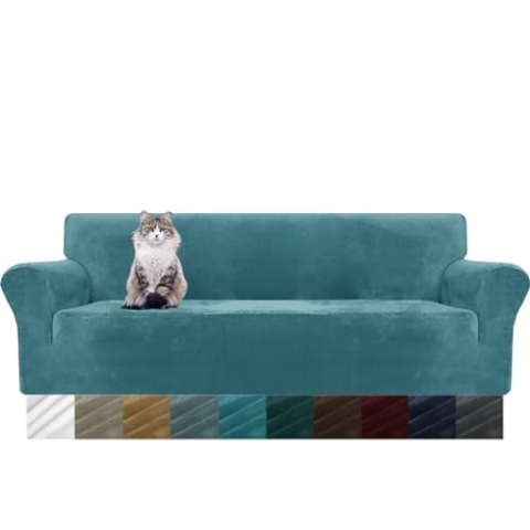 MAXIJIN Dicker Samt Extra große Sofabezüge 4-Sitzer Super Stretch Rutschfester übergroßer Sofabezug für Hunde Cat Pet 1-teiliger XL-Sofabezug elastischer Möbelschutz (4 Sitzer, Pfauen Blau)