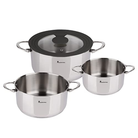 MasterPRO Foodies - Küchenbatterie - 4 -Stück -Set mit 4, 20 und 24 cm Pfannen und Glasdeckel - Hergestellt in Edelstahl - kompatibel mit allen Arten von Küchen