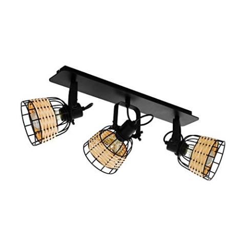 EGLO Deckenlampe Anwick 1, 3 flammige Deckenleuchte Vintage, Boho, Deckenstrahler aus Stahl und Rattan, Wohnzimmerlampe in Schwarz, Natur, Küchenlampe, Spots mit E27 Fassung