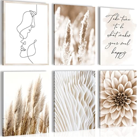 Novart Wandbilder - KEIN EXTRA RAHMEN BENÖTIGT - Wohnzimmer Schlafzimmer - Bilder Modern Boho Pampasgras - Beige - N013365a
