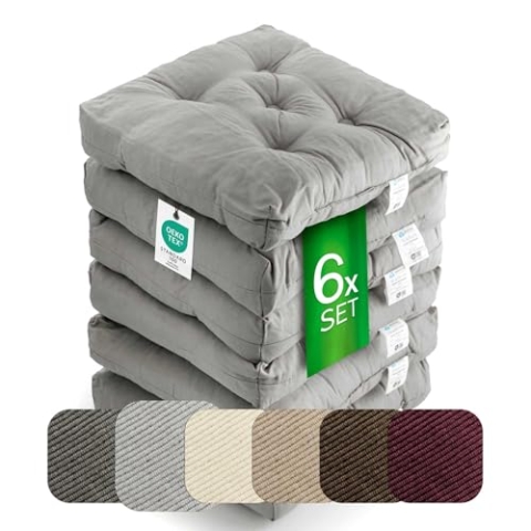 etérea Sitzkissen 42x42 cm 6er Set - Grau 8 cm hoch - Bodenkissen für Indoor, Outdoor, Küche, Garten, Auflage - Heidi Stuhlauflage - 6 Stück Stuhlkissen 40x40 cm Grau