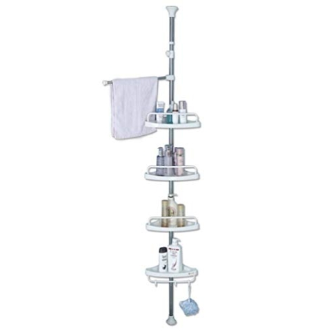 BAOYOUNI Teleskop Eckregal Badregal mit 4 Ablagen und 1 Handtuchhalter, ohne Bohren Duschregal Teleskopregal, für Dusche Bad Küche und Haushalt, Höhenverstellbar von 185 bis 240cm oder 255 bis 310cm