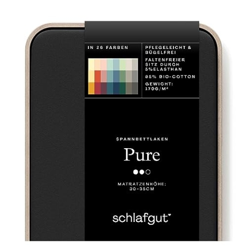 Schlafgut Pure Spannbettlaken 180x200cm bis 200x220cm - 95% Biobaumwolle, 5% Elasthan, Oeko-TEX Zertifiziert, Off-Black, Matratzenhöhe bis 35cm