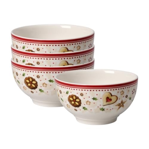 Villeroy & Boch Winter Bakery Delight Schale Sternschnuppe 4er Set, 14 cm, Müslischale mit Weihnachtsmotiven, Premium Porzellan, Weiß/Rot