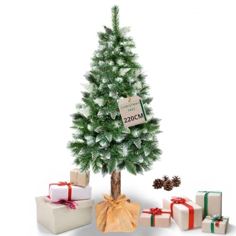 SPRINGOS Weihnachtsbaum 220 cm Diamantkiefer mit Naturstamm Kunstschnee Ständer Naturzapfen