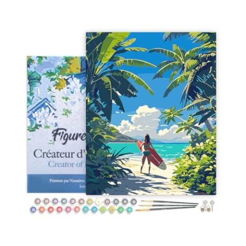 Figured'Art Malen Nach Zahlen Erwachsene Mit Rahmen Tropisches Surfparadies - Paint by Numbers Basteln DIY Bastelset 40x50cm - Leinwand gespannt auf Holzrahmen