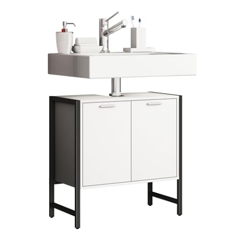 VCM Waschbeckenunterschrank | Badschrank | Maße: H. 60 x B. 60 x T. 30 cm | 2 Seitenteile aus Metall | Korpus aus Holz | 2 große Drehtüren - Edino Weiß