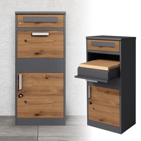 ML-Design Paketbriefkasten aus verzinktem Stahl in Anthrazit-Eiche Optik, 50x112x37 cm, abschließbar, 2 Schlüssel, Standbriefkasten Paketbox Postkasten Paketkasten, für Pakete, Warensendungen, Briefe