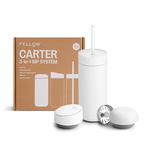 Fellow 473 ml Carter-Paket (3 in 1) Reisebecher mit Schiebeverschluss, abnehmbarer und kalter Deckel mit Strohhalmen – To-Go Kaffeebehälter, Keramikdekor und vakuumisolierter Edelstahl – Kaffeetassen