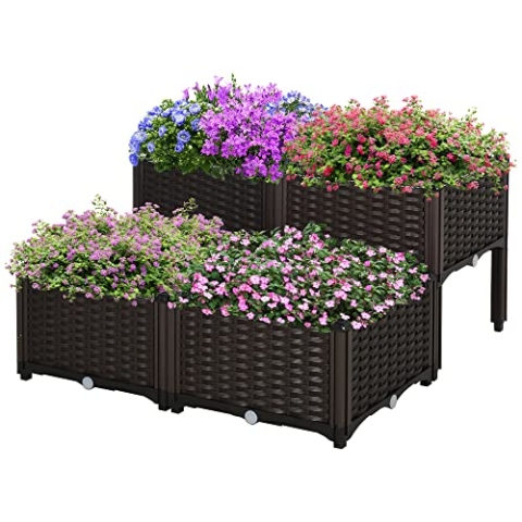 Outsunny Hochbeet, Pflanzkasten mit Abflusslöchern, Blumenkasten im Rattan-Look, Kunststoff, Braun, 40 x 40 x 44 cm