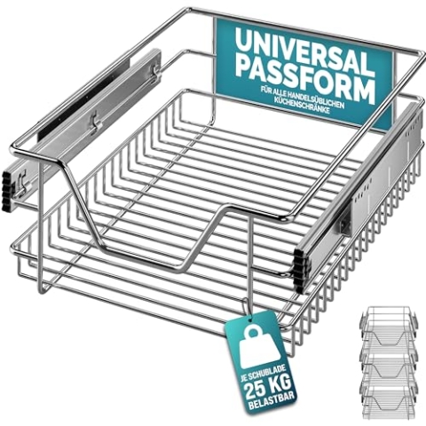 Casaria® 3x Teleskopschublade Nachrüsten Schublade Küche 40cm 25kg Belastbar Verchromt Korbauszug mit Zubehör Haushalt Küchenschrank Kleiderschrank