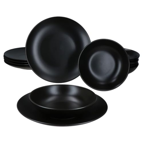 MamboCat Panther 12tlg Tafelservice schwarz I mattes Steingut-Geschirr für 6 Personen I 6x Suppenteller 420ml & 6x Speiseteller I Essteller & tiefe Teller für Frühstück, Mittag & Abendbrot
