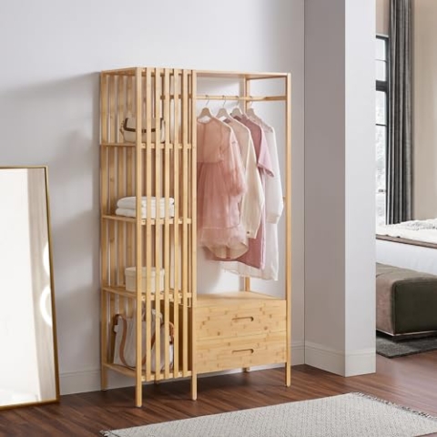 [en.casa] Garderobenständer Varanger Kleiderständer mit Kleiderstange Standgarderobe mit 2 Schubladen offener Kleiderschrank 4 Fächer 185x100x45cm Bambus