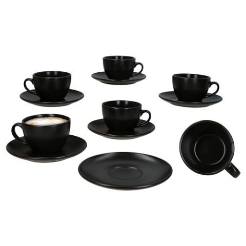 MamboCat Panther Kaffeetassen mit Untertassen schwarz für 6 Personen I mattes Steingut-Set für Frühstück & Kaffee I Je 6x Teetassen 160ml & Untertassen I schickes Geschirr für Zuhause