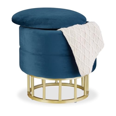 Relaxdays Samthocker mit Stauraum, runder Sitzhocker, gepolstert, Wohnzimmer, H x D: 40 x 40 cm, Hocker Samt, blau/Gold