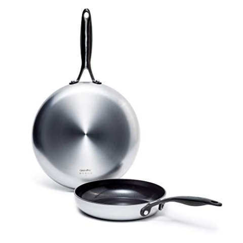 GreenPan Venice Pro Noir 26cm & 30cm Bratpfannen-Set, 3-lagiger Edelstahl, gesunde Keramik-Antihaftbeschichtung, Mattschwarzer Griff, PFAS-frei, Induktion, Spülmaschinengeeignet, Backofenfest, Silber
