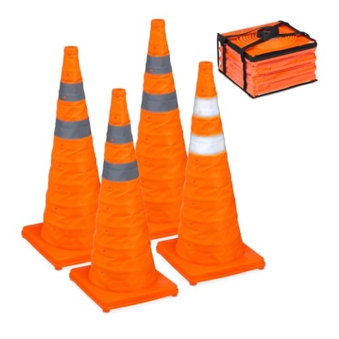 Relaxdays Pylonen, 4er Set, faltbar, Reflektor-Streifen, Leitkegel mit Tasche, HxBxT: 70 x 29 x 29 cm, Faltkegel, orange