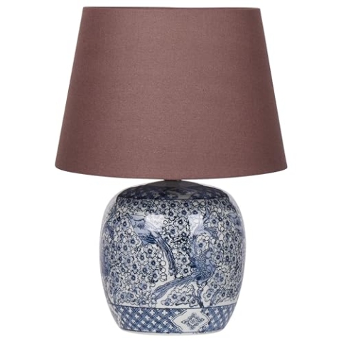 Tischlampe Porzellan blau/weiß Vasenform mit Stoffschirm braun Kegelform Neira