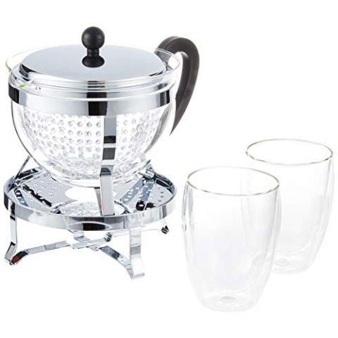 Bodum Chambord Set Teebereiter Rechaud 1,3 Liter Inlusive 2 Stück Doppelwand GläserPavina Teebereiter, 16.8 x 23.1 x 22.3 cm