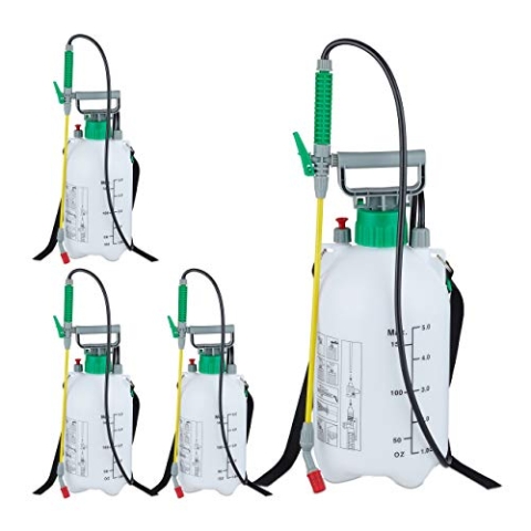 Relaxdays Set of 4 Pressure Sprayers 5L 4er Set Drucksprüher 5 Liter Sprühdose Schlauch & Gießlanze Pumpwirkung Garten verstellbar, 70 30% Kunststoff, Weiß, Grün, Gelb, 5 l