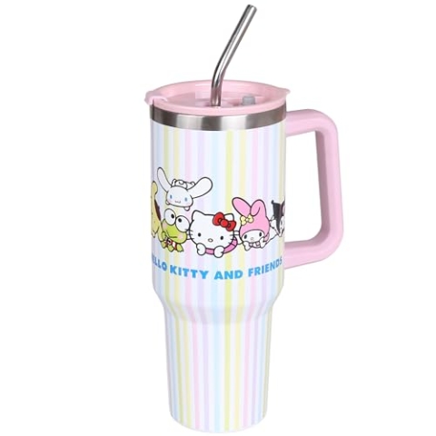 Hello Kitty and Friends THERMO Becher mit Metallmundstück Strohhalm, Edelstahl, Autotasse GROß 1,18l