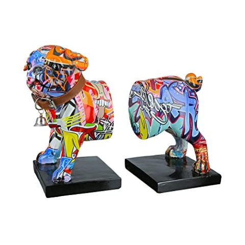 Casablanca Deko 1 Paar Buchstützen CD Halter - Tierfigur Mops Hundefigur mit Halsband Glocke - Design: Street Art Graffiti Hund modern - Mehrfarbig Gesamtlänge 22,5 cm