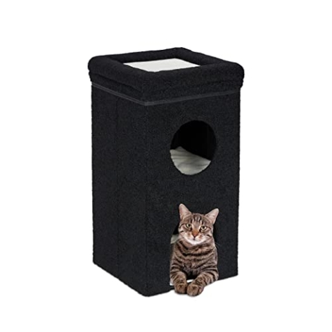 Relaxdays Katzenhöhle, HxBxT: 76 x 40 x 40 cm, faltbares Katzenhaus mit 3 Ebenen, Katzenversteck mit Kratzbrett, schwarz