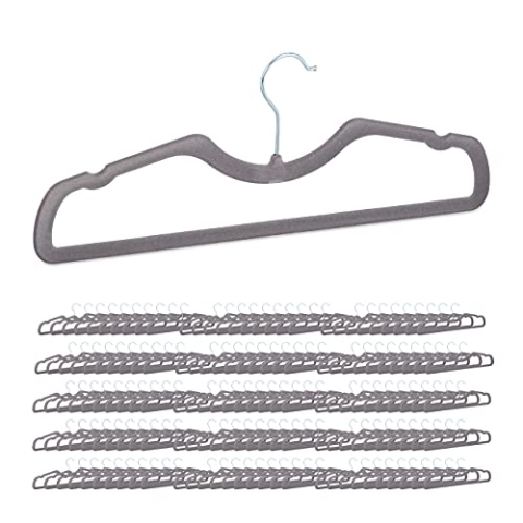 Relaxdays 150 x beflockte Kleiderbügel, Rutschfester Samtbezug, platzsparend, Steg & Kerben, Samtbügel, Breite 42 cm, grau