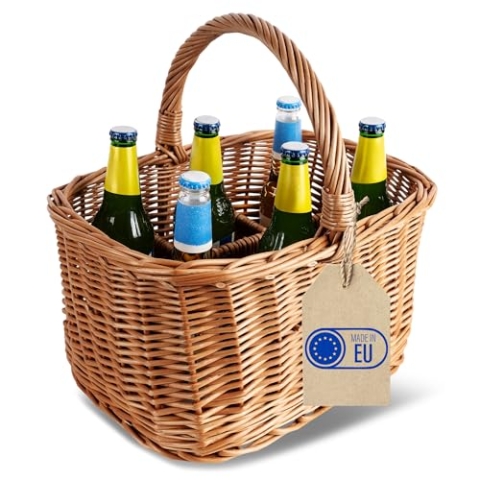 Creative Home Weidenkorb mit Henkel | Flaschenkorb 6 Flaschen | 40 x 31 x 38 cm (+/- 2 cm) | Großer, Leichter Flaschenträger | Naturbraun | Handgeflochten | Vielseitig einsetzbar, beständig