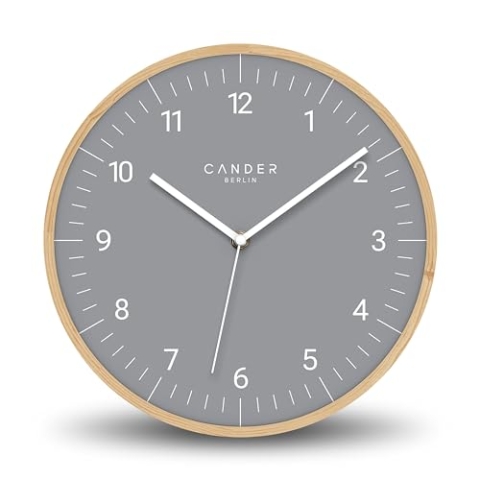 Cander Berlin MNU 8130 G Wanduhr Massivholz lautlos 30 cm grau modern Vintage ohne Tickgeräusche Wohnzimmer Küche analog