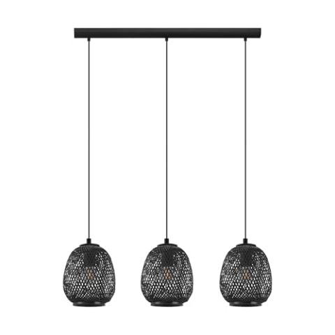 EGLO Pendelleuchte Dembleby 1, 3 flammige Hängelampe Vintage, Natur, Hygge, Hängeleuchte Holz Korb geflochten, Esstischlampe, Wohnzimmerlampe hängend in Schwarz, Stahl, E27 Fassung