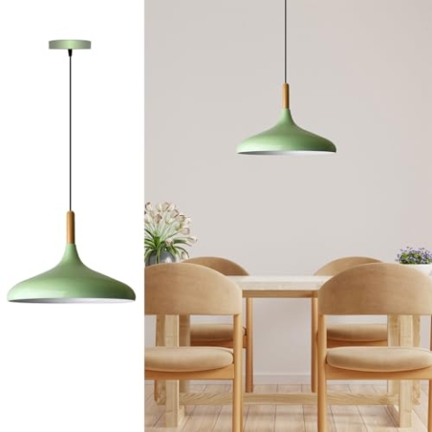 bamyum Champion Küchenlampe Hängend aus Holz und Metall 35 cm, Hängelampe Esstisch, Pendelleuchte Wohnzimmer, Küchenlampen E27, Pendelleuchte Minzgrün für Schlafzimmer, Wohnzimmer, Deckenbeleuchtung