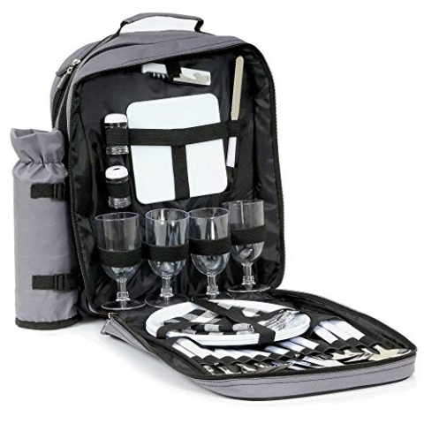 CampFeuer Picknick Rucksack für 4 Personen | Grau | Picknickset 31-teilig | inkl. Flaschenhalter, großem Kühlfach, Geschirr und Besteck