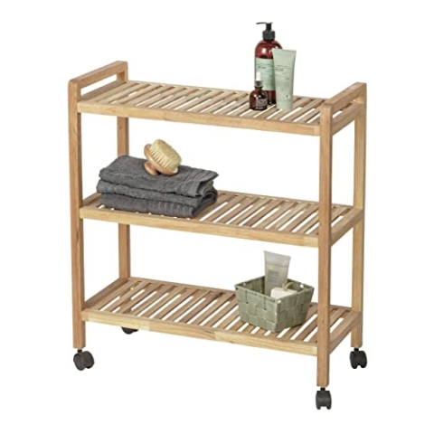 WENKO Haushalts- und Badwagen Norway, hochwertiges Roll-Regal mit 3 Etagen, fahrbares Bad-, Küchen- & Wohnregal mit 3 Ablagen im Scandi-Style, aus massivem Walnussholz geölt, 65 x 72 x 31 cm