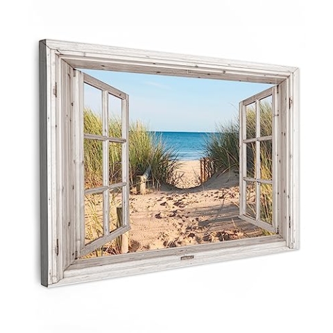 MuchoWow Leinwand Bilder, Einzigartige Wanddeko mit Rahmen, Durchblick - Strand - Meer - Dünen - Sand - Wasser - Hochgras, Wandbilder Wohnzimmer, Deko Schlafzimmer 150x100 cm