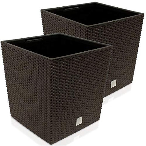Deuba® 2X Blumentopf 65L 40x40x41cm Rato Low Innentopf Mit Griffen Wetterfest Rattanoptik Pflanzkasten Übertopf Pflanzkübel Blumenkasten Quadratisch Umbra