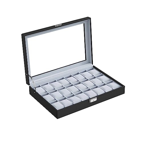 SONGMICS Uhrenbox, abschließbare Uhrenschatulle, Aufbewahrung, Organizer für Uhren, mit 24 Fächern, Glasdeckel, Geschenk für die Liebsten, schwarz JWB024