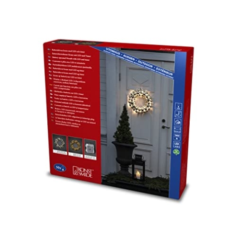 Konstsmide LED Weihnachtskranz, silberfarben,mit 9h Timer, 50 warm weiße Dioden, batteriebetrieben, Außen (IP44), transparentes Kabel - 3783-303