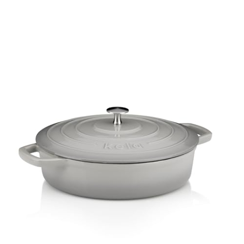kela Bräter Gusseisen rund 3,2 Liter, Dutch Oven CALIDO, Induktion Gussbräter mit Deckel, Gusseisen Topf Brot backen, emailliert, hellgrau