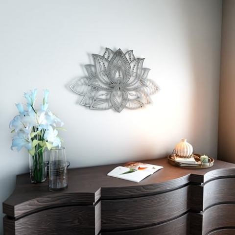 iwa concept 3D Mandala Metall Wanddekoration | Lotusblume Dekoration für Zuhause | Bürodekoration | Wohnzimmer Dekor | Neujahrsgeschenk | (43,2 x 27,9 cm | 43 x 27,5 cm, Silber)