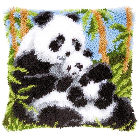 VERVACO Deko Kissenbezug Knüpfset für Anfänger PANDAS Basteln Erwachsene Kreativ DIY Handarbeit Selber Knüpfe ca. 40 x 40 cm Latch Hook Kit Set Kissen Knüpfkissen mit Knüpfhaken, Baumwolle, Multicolor