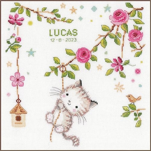 Vervaco Gezählter Kreuzstich Stickpackungen Stickset Baby Geburt Freches Kätzchen Wanddekoration Handarbeit Set für Erwachsene Kreatives Handwerk ca. 30 x 31 cm Geburt Geschenk Hausdeko