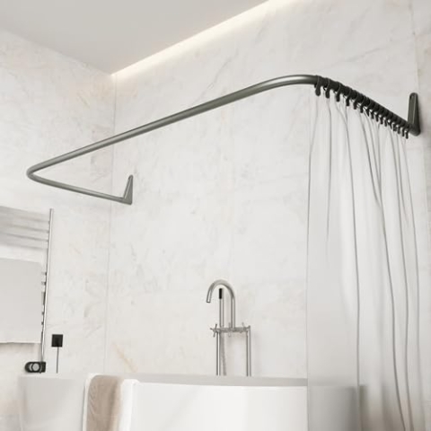 Erica Duschvorhangstange L-form & U-form - 4-in-1 System für Badewanne oder Dusche - Duschstange Ecke - Stahl mit Pulverbeschichtung - Ohne Deckenhalterung - Grau