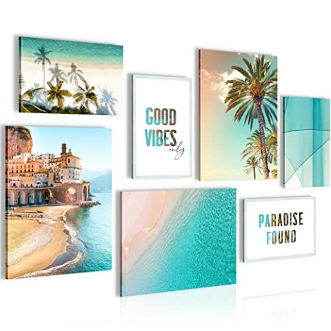 Novart Wandbilder Strand Meer Palmen - KOMPLETT AUFHÄNGFERTIG - Blau Grün Travel Wohnzimmer Schlafzimmer - 7 Moderne Mood-Bilder - N012071a