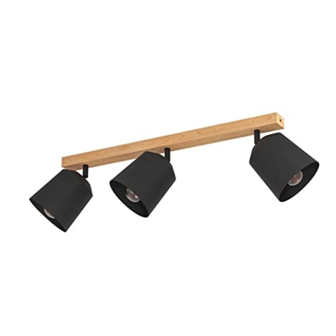 EGLO Deckenstrahler Cotorro, 3-flammige Deckenlampe mit schwenkbaren Spots, FSC100HB, skandinavische Deckenleuchte aus Holz in Natur und Metall in Schwarz, Deckenspot mit E27 Fassung